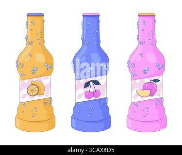 Fruit soda bottles covered in bubbles 2D cartoon objects set Stock Vector