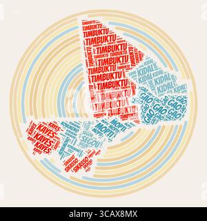 Mali Round Poster. Typography style image of a country. Regions word clouds of Mali. Vintage image design with scratch texture. Stock Vector