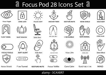 Focus Pod Line Icons Set Minimal Symbols for Calmness, Mindfulness, Productivity, Quiet Space, and Mental Clarity Stock Vector
