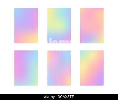 Collection of 6 smooth pastel gradients with iridescent rainbow tones, ideal for digital design, UI elements, or creative branding. Stock Vector