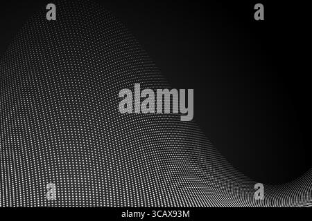 Dynamic black and white abstract background with curved halftone dot wave, resembling digital wormhole or data stream visualization. Stock Vector