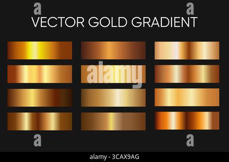 Set of gold gradients in warm and bright tones, featuring polished metallic textures. Ideal for digital projects and branding work. Stock Vector