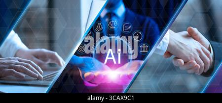 Collage banner showing artificial intelligence integration in modern business and startup development through visuals of bots, data, and teamwork Stock Photo