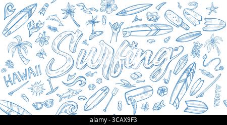 Horizontal vector illustration with a surf themed background, featuring hand drawn blue doodle elements as clip art Stock Vector