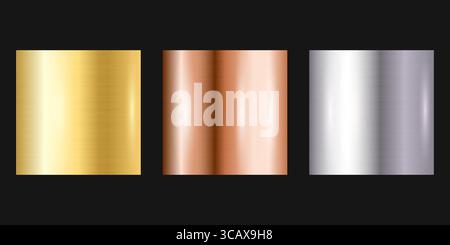 Set of three brushed metallic textures in vertical format: gold, rose copper, and platinum. Ideal for realistic UI and branding. Stock Vector