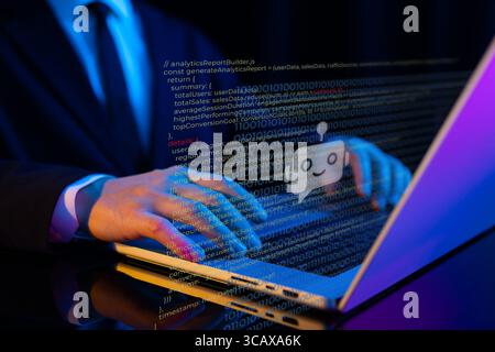 Man working on laptop with holographic code and ChatBot interface. Concept of AI helping with programming and software development Stock Photo