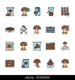 mushroom cultivation color line icon set for digital and print projects.  Minimal clean icons for apps and websites. Modern simple icons for UI UX and Stock Vector