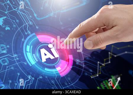 A businessman uses a stylus to interact with a hologram displaying artificial intelligence, finance, and economic analytics — symbolizing AI-driven bu Stock Photo