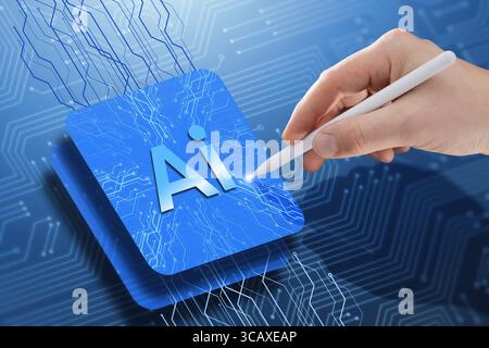 A businessman uses a stylus to interact with a hologram displaying artificial intelligence, finance, and economic analytics — symbolizing AI-driven bu Stock Photo