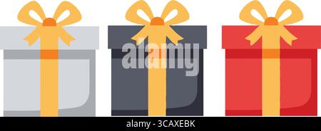 This vibrant illustration features a collection of three beautifully wrapped gift boxes in different colors gray, black, and red . Stock Vector