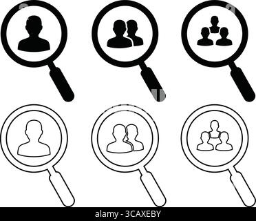 This illustration features a series of magnifying glass icons, each highlighting different representations of individuals and groups. Stock Vector