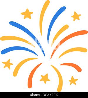 Red blue and yellow firework with stars scattered across burst. Isolated vector element in flat style. Stock Vector