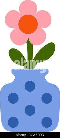 Blue vase with blue dots and one pink flower. Decorative floral bouquet in flat cartoon style. Isolated. Stock vector illustration in flat cartoon sty Stock Vector