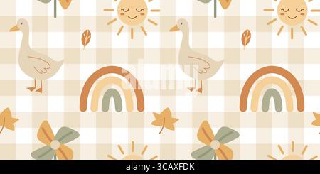 Patchwork-style seamless pattern for babies in boho theme with rainbows, suns, goose in warm pastel colors on checkered background. Stock Vector