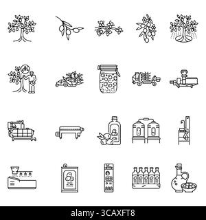 Olive oil production black line icons set. Vector isolated element. Editable stroke. Stock Vector