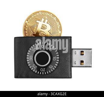 Bitcoin in a purse with USB connector and code lock, isolated on white background Stock Photo