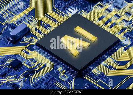 Electronic circuit board with AI processor, close up Stock Photo