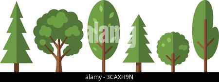 This vibrant illustration features a variety of tree designs, showcasing different shapes and sizes, including coniferous and deciduous trees. Stock Vector