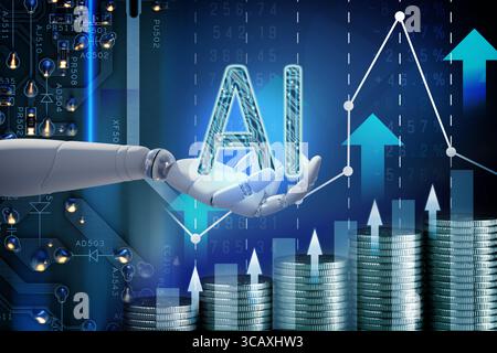Artificial intelligence in finance trading. Poster with robot hand holding AI abbreviation against circuit board, data, coins and graphs Stock Photo