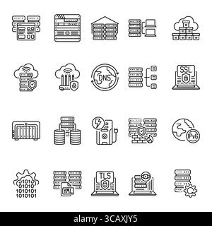 Self hosting  black line icons set. Vector isolated element.Editable stroke Stock Vector