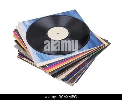 Vinyl record on a stack paper envelopes. Analog sound. Classic audio. Isolated on white background Stock Photo
