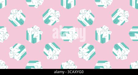 Seamless Mint Gift Box Pattern. Mint gift boxes with white bows in cartoon flat style. Seamless pastel pattern on pink background. Stock Vector