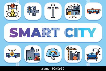 Smart city text concept. Shablon for presentation and Infographics. Minimal Clean Icons for Apps and Websites. Stock Vector