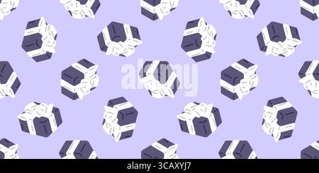 Seamless Purple Gift Box Pattern. Purple gift boxes with white bows in cartoon flat style. Seamless festive pattern on violet background. Stock Vector