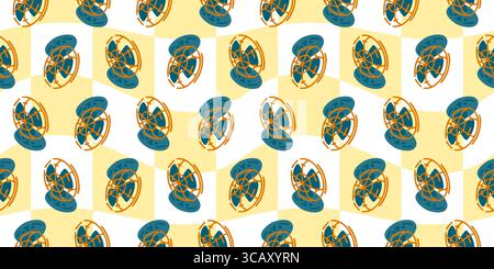 Seamless Cartoon Retro Fan Pattern. Vintage electric fans in cartoon flat style. Seamless nostalgic pattern on yellow and white background. Stock Vector