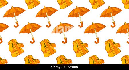 Seamless Autumn Raincoat Umbrella Pattern. Yellow raincoats and umbrellas in cartoon flat style. Seamless seasonal clothing pattern on white backgroun Stock Vector