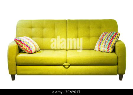 Modern yellow sofa with colorful pillows isolated on white background. Stock Photo