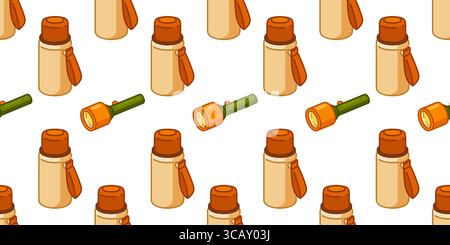 Seamless Autumn Thermos Flashlight Pattern. Thermos bottles and flashlights in cartoon flat style. Seamless hiking pattern with camping equipment on w Stock Vector