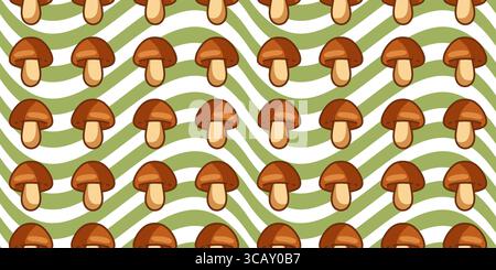 Seamless Cartoon Mushroom Pattern Design. Seamless pattern with cartoon brown mushrooms on a wavy green and white background. Playful autumn design in Stock Vector