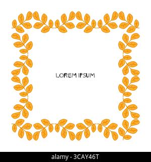 Autumn Leaf Branch Border Frame. Square cartoon frame made of delicate fall branches with small orange leaves. Decorative border design on white backg Stock Vector