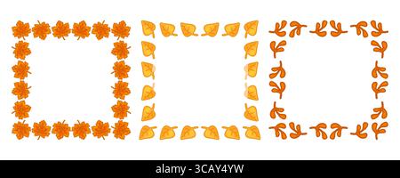 Autumn Leaf Border Frame Trio. Set of three cartoon-style autumn frames made of colorful leaves. Decorative fall foliage borders on white background, Stock Vector