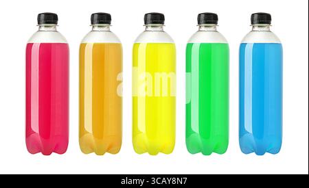 Studio shot featuring five colorful plastic bottles filled with refreshing beverages, isolated on a white background Stock Photo