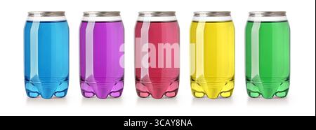 Studio shot featuring five colorful cans of soda pop, isolated on a white background, ready for refreshment Stock Photo