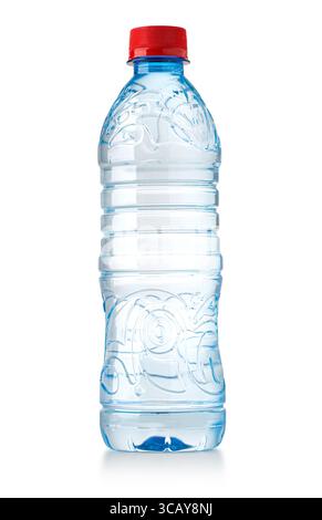 Small plastic water bottle with red cap isolated on white background Stock Photo