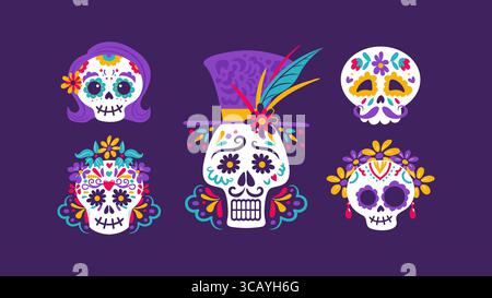 A vibrant vector illustration celebrating Dia de los Muertos features intricately decorated sugar skulls adorned with floral patterns, bright colors, Stock Vector