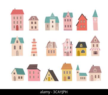 Set of small cute houses. Cartoon buildings icons. Tiny home collection in hand draw style isolated on white background. Flat design. Stock Vector