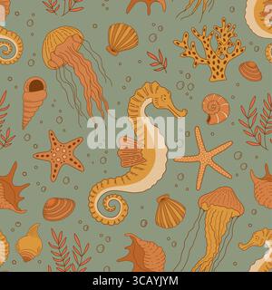 Seamless pattern with hand drawn seahorse, jellyfish, shells, stars and coral on green background. Vintage sea life vector ornament. Underwater world Stock Vector
