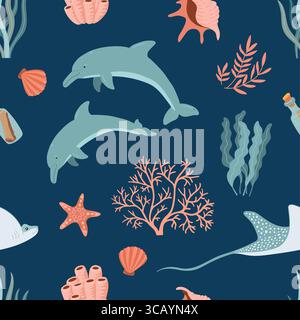 Seamless pattern with dolphins, coral and shells on blue background. Underwater world vector ornament. Sea life summer illustration Stock Vector