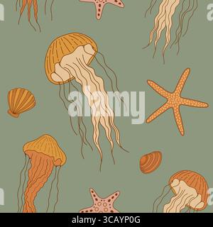 Seamless pattern with hand drawn jellyfish, shells and starfish on green background. Vintage sea life vector ornament. Underwater world illustration Stock Vector