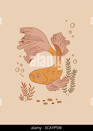 Vintage aquarium fish vector illustration. Oriental poster design. Underwater animal retro print. Stock Vector