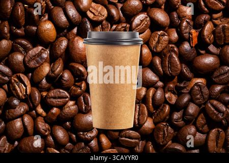 Macro image of roasted coffee beans with Take out coffee in brown thermo cup. Stock Photo