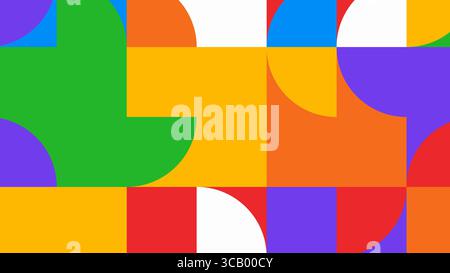 Abstract combination of smooth geometric curves and vertical color blocks in green, blue, orange, and purple for a modern digital aesthetic. Stock Photo