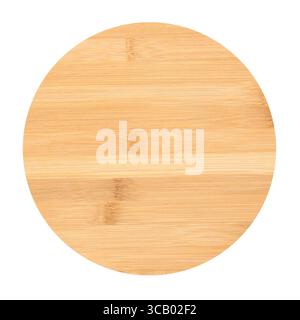 New round wooden bamboo cutting board for pizza isolated on white background. Mockup for food project Stock Photo