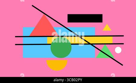 Abstract pink background featuring intersecting black lines, colorful triangles, circles, and rectangles in a flat Bauhaus-inspired layout. Stock Photo