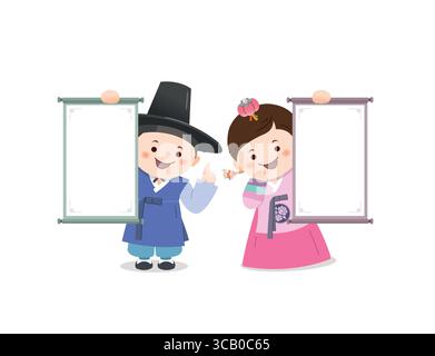 Traditional Korean design. A couple wearing hanbok and holding a scroll. Stock Vector