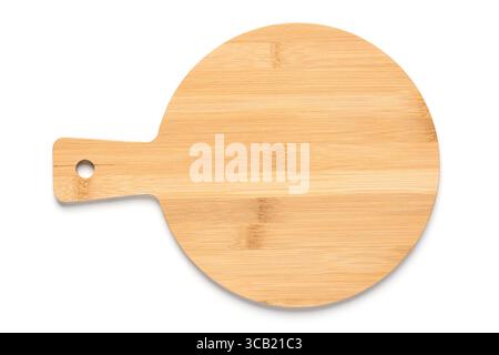 New round wooden bamboo cutting board for pizza isolated on white background. Mockup for food project Stock Photo